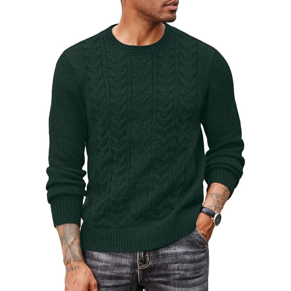 Coofandy Men Dark Green Crewneck Pullover Twist Textured Fisherman Sweater